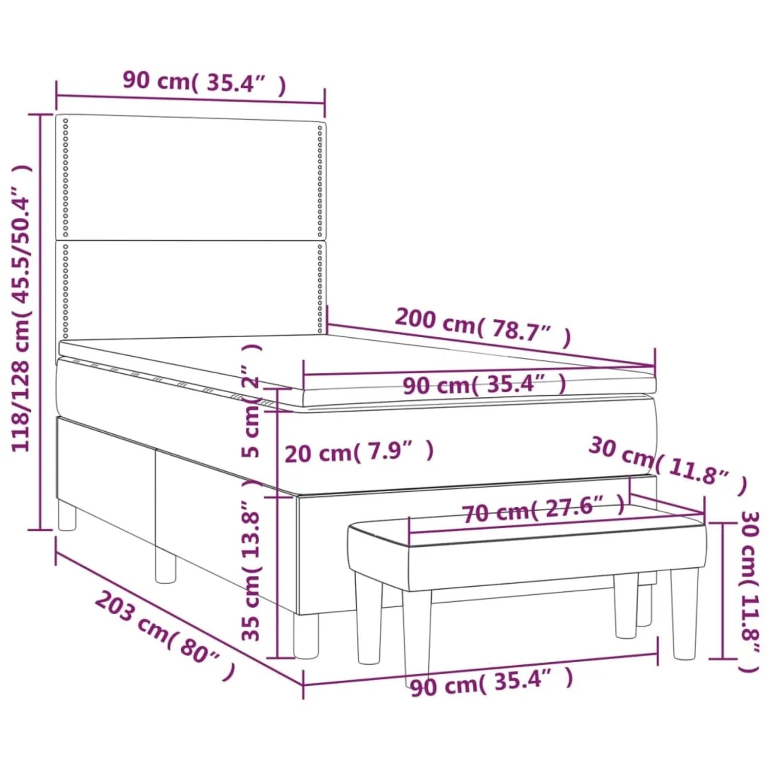 Graues Boxspringbett 90x200 cm mit Kunstleder, inklusive Matratze und Bank.