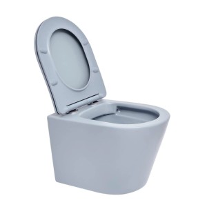 Blau mattes Wand-WC spülrandlos mit offenem SoftClose WC-Sitz. Modernes Hänge-WC aus Keramik für Hygiene.