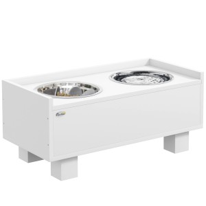 Weißer, höhenverstellbarer PawHut Hundenapf aus MDF und Stahl mit zwei Edelstahlnäpfen.