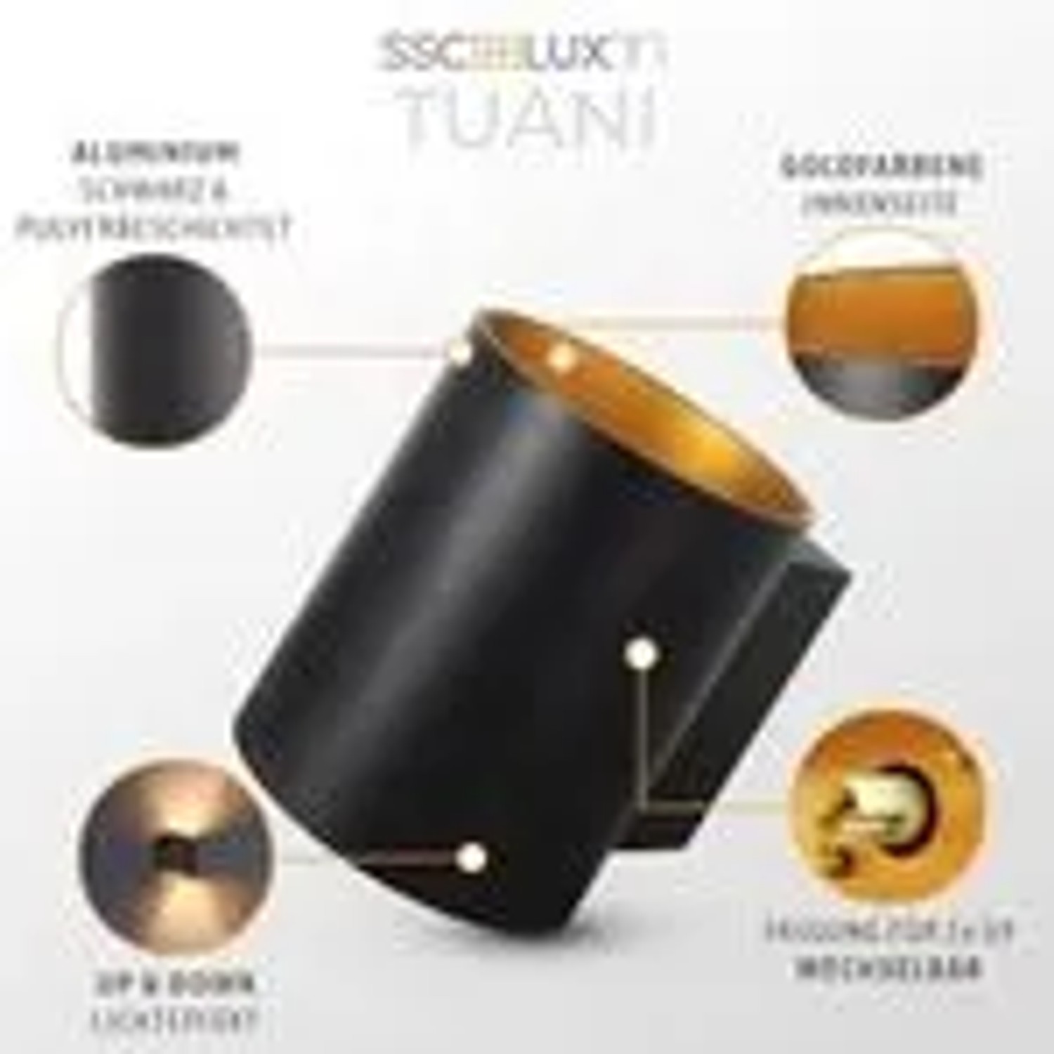 2er Set: Runde Wandleuchten in Schwarz/Gold für Up & Down Lichteffekte. Lampen für Wohnzimmer & Flur.