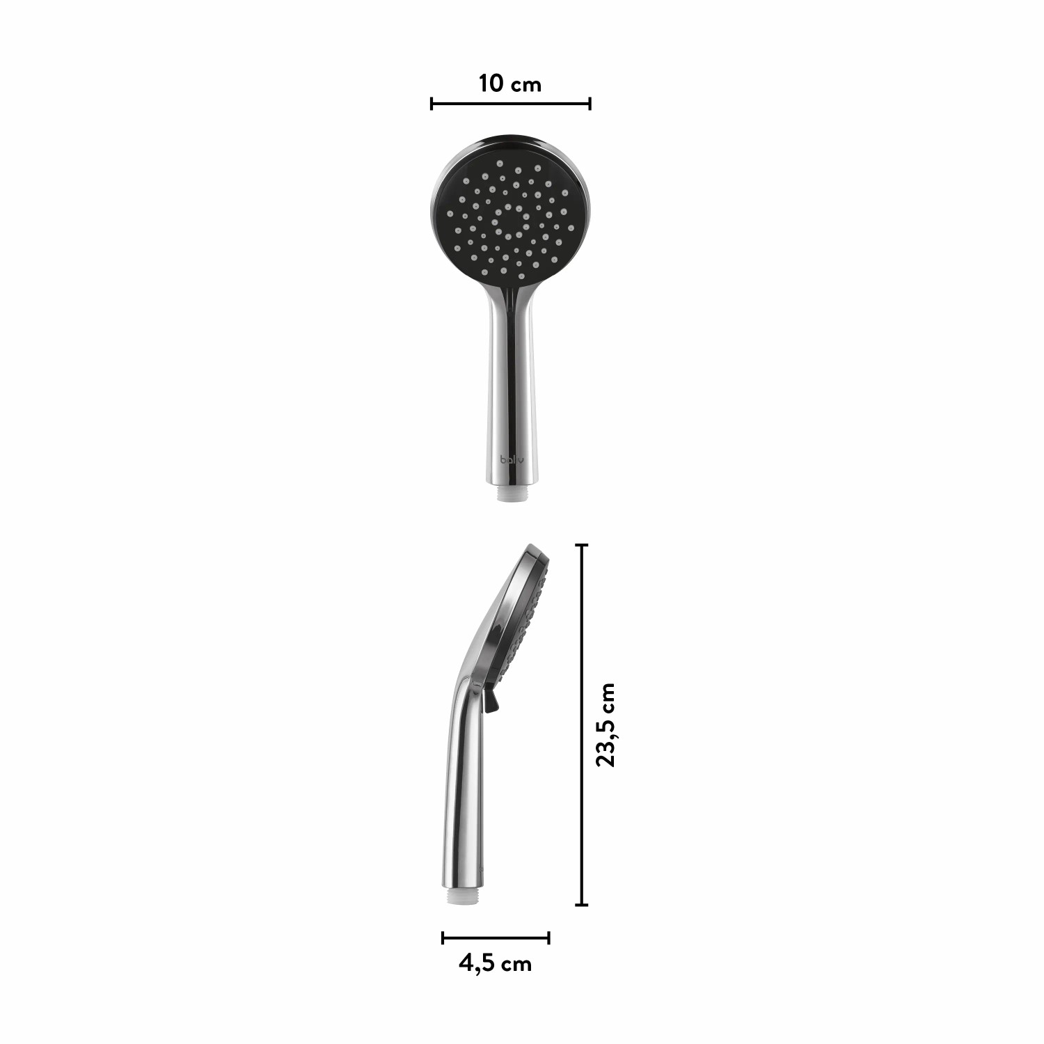 baliv Handbrause HBR-100.150, verchromt/schwarz, mit Maßangaben.