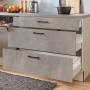 pino Küchenzeile, 250 cm, Beton Perlgrau, mit offenen Schubladen und schwarzen Griffen.