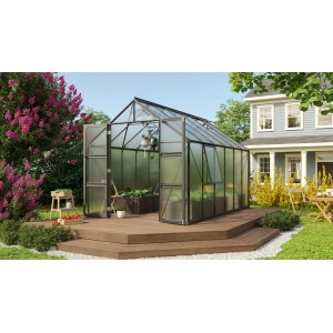 Vitavia Gewächshaus Olymp 9900, schwarzer Rahmen, 9,9 m², mit geöffneter Doppeltür auf Holzterrasse.