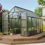 Vitavia Gewächshaus Olymp 9900, schwarzer Rahmen, 9,9 m², mit geöffneter Doppeltür auf Holzterrasse.