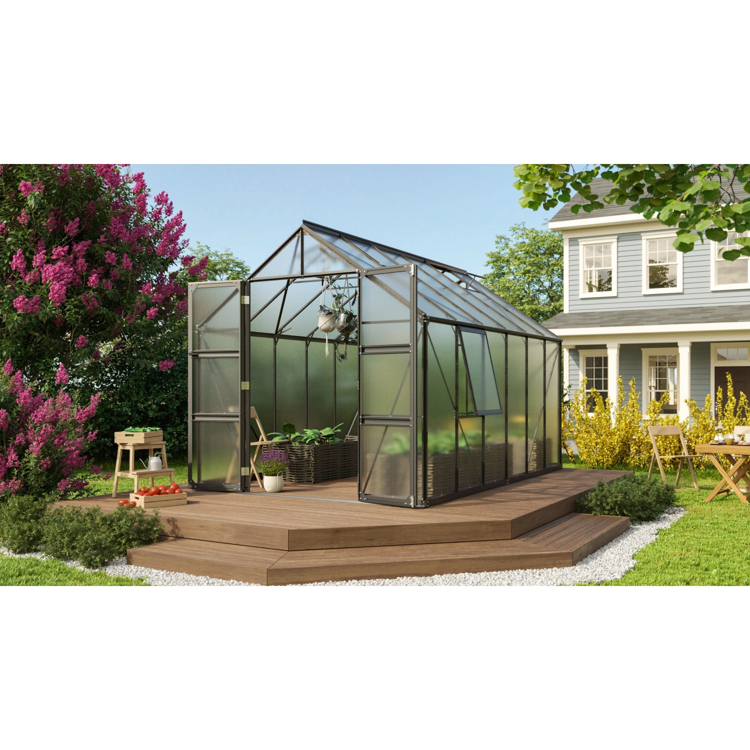 Vitavia Gewächshaus Olymp 9900, schwarzer Rahmen, 9,9 m², mit geöffneter Doppeltür auf Holzterrasse.