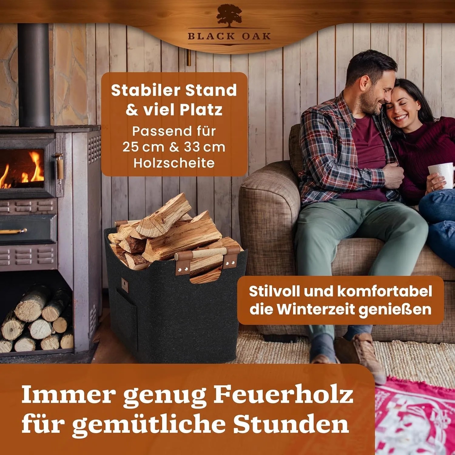 BLACK OAK Holzkorb MONTANA XL 60L Anthrazit aus Filz mit Echtleder Applikationen – Kaminholzkorb mit Griffen für Brennholz Innenbereich_5