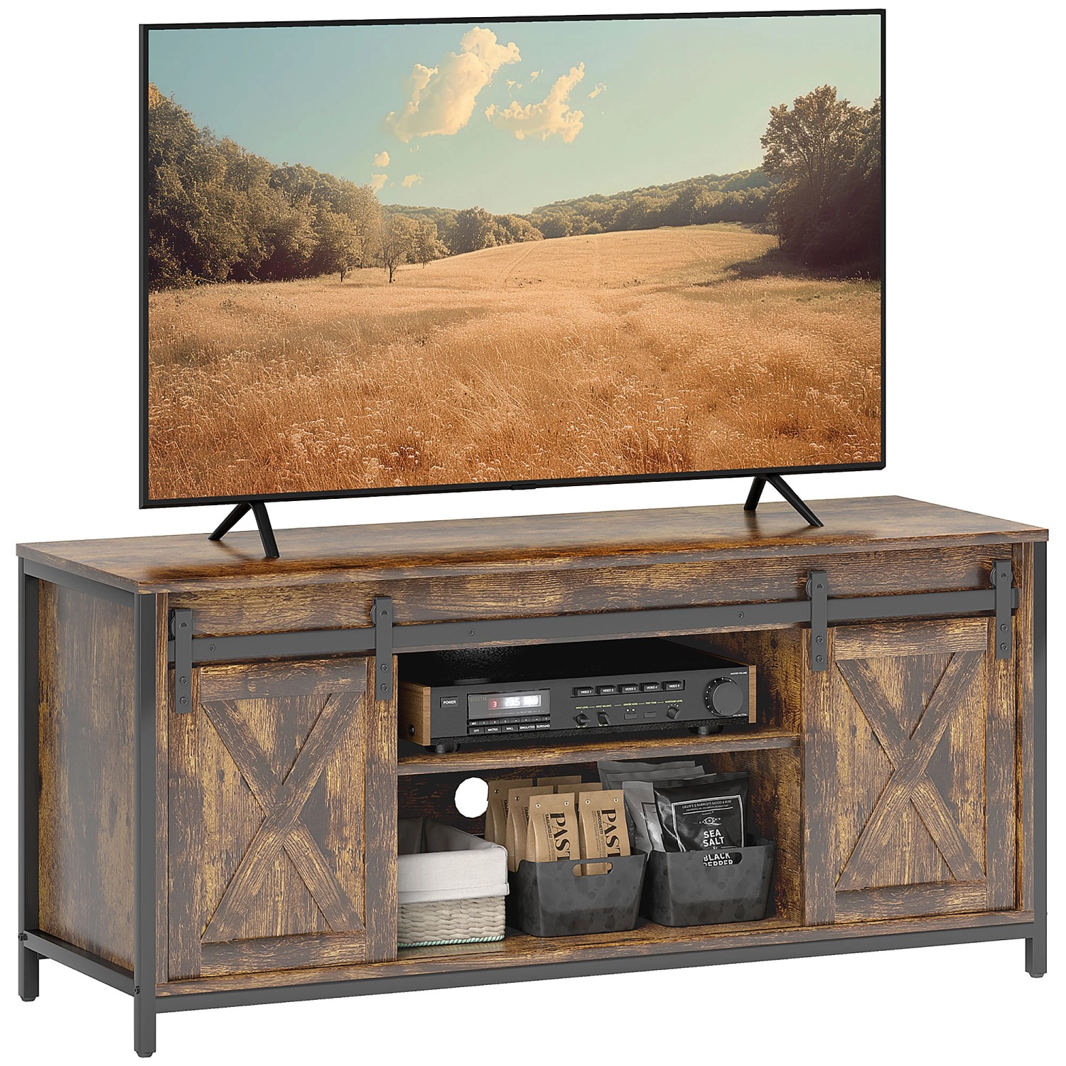 HOMCOM TV Schrank Spanplatte Stahl Rustikal Braun 120L x 40B x 54H cm günstig online kaufen