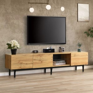 Moderner TV Schrank in Natur-Holzoptik mit schwarzem Gestell und LED-Licht. Bietet Stauraum im Wohnzimmer.