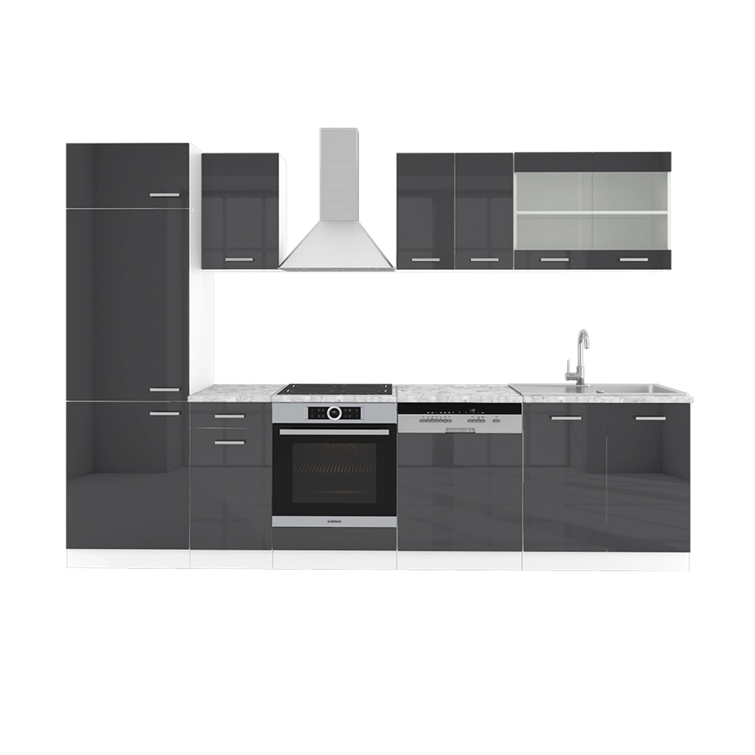 Vicco R-Line Küchenzeile Anthrazit Hochglanz/Weiß 300 cm AP Marmor günstig online kaufen
