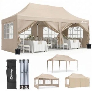 Sekey Faltpavillon 3x6 m, beige, mit Seitenteilen und Fenstern, für Events. Inkl. Transporttasche. UV Schutz 50.