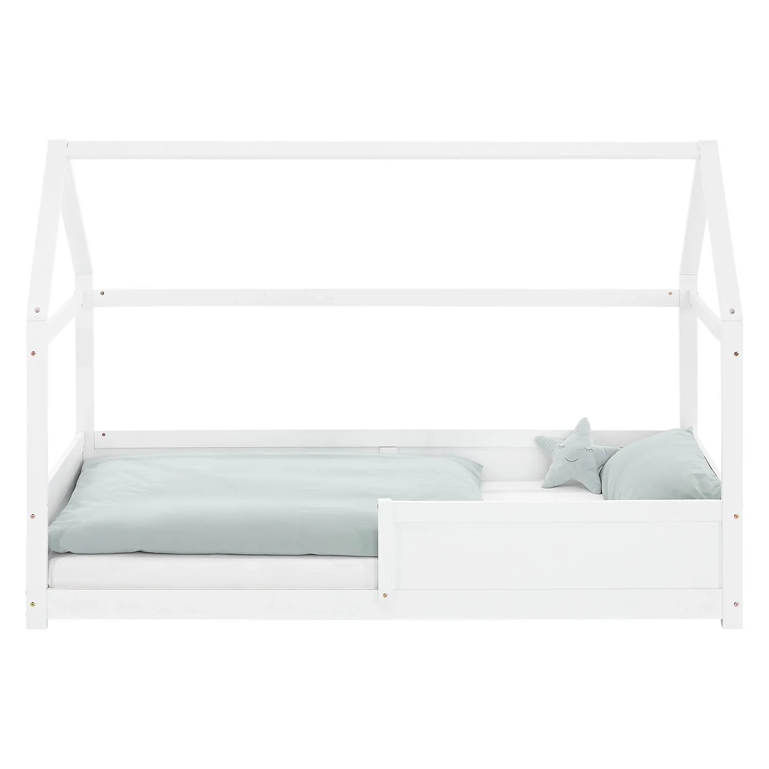 Weißes Homestyle4u Kinderbett Hausbett 90x200 mit Rausfallschutz und Lattenrost.