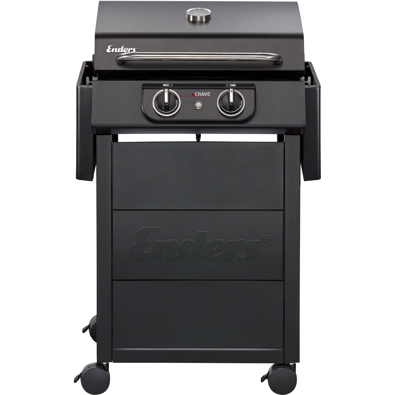 Schwarzer Enders Elektrogrill eCrave 2 mit Garhaube und Seitenablagen, 99x103cm.