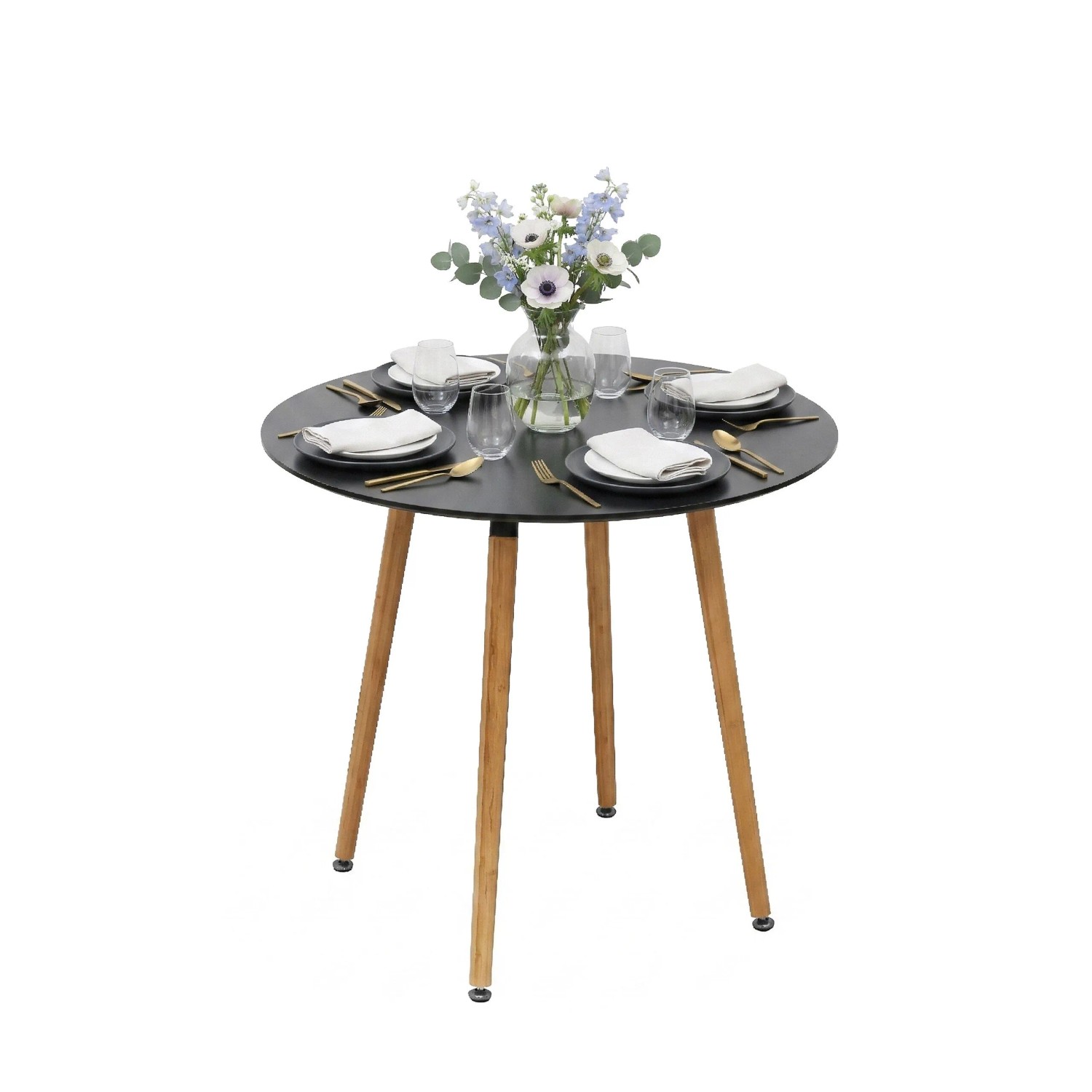 Relaxdays Esstisch Bambus MDF Stahl Schwarz Verstellbare Füße 75 cm x 80 cm