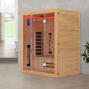 Artsauna Infrarotkabine Kiruna160 aus Hemlockholz mit Glastür und LED-Beleuchtung.