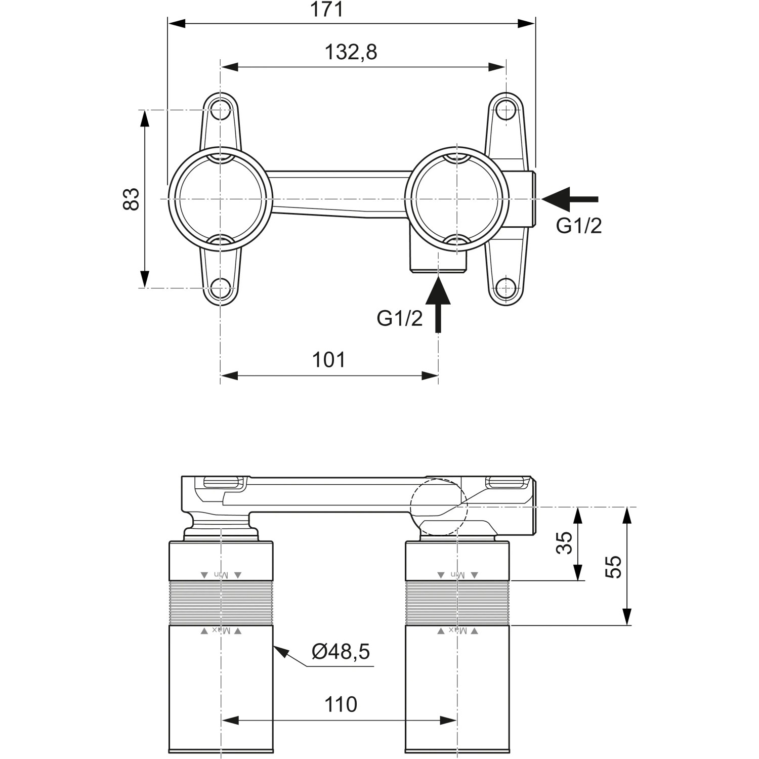 Technische Zeichnung Ideal Standard Unterputz-Bausatz 1 für Wand-Waschtischarmatur mit Maßangaben.