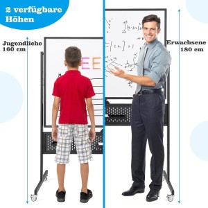Costway Doppelseitiges Whiteboard mit Rollen, 120x90cm, zeigt Höhenverstellung für Kinder und Erwachsene.