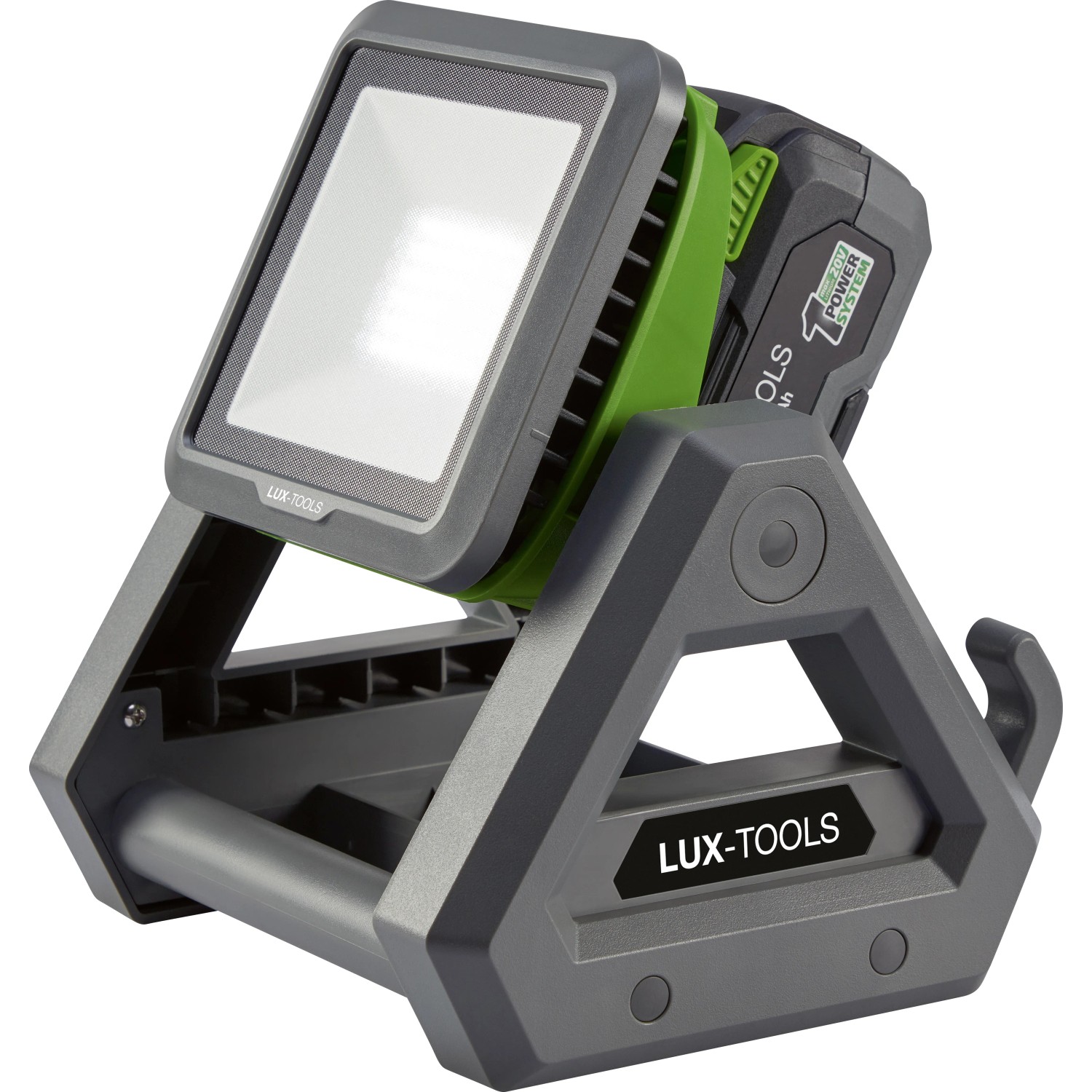 LUX Akku-Arbeitsleuchte 1PowerSystem A-AL-20 Solo, akkubetrieben, mit Tragegriff und verstellbarem Leuchtkopf.