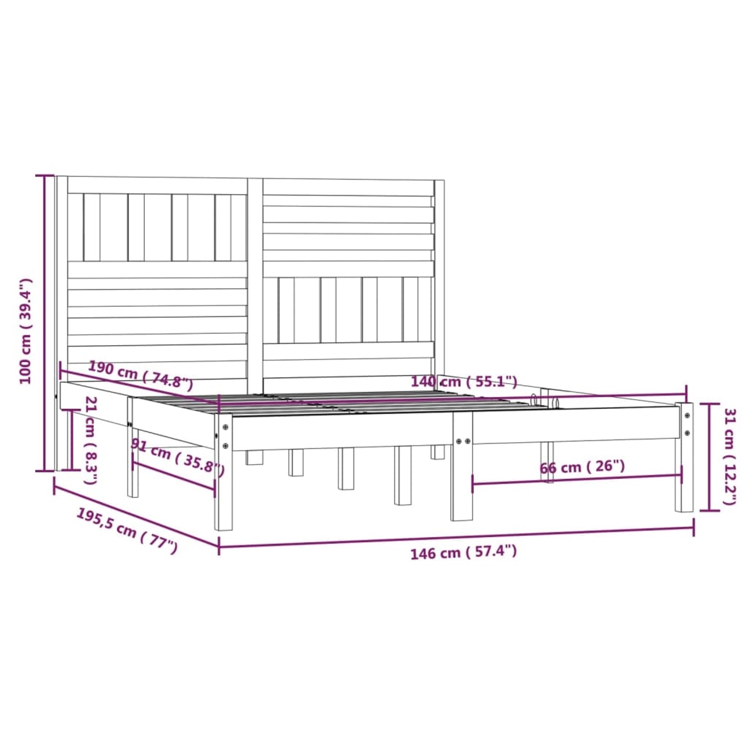 vidaXL Massivholzbett Kiefer, 140x190 cm, mit Maßen. Ideal für Schlafzimmer. Bettrahmen aus Kiefernholz.