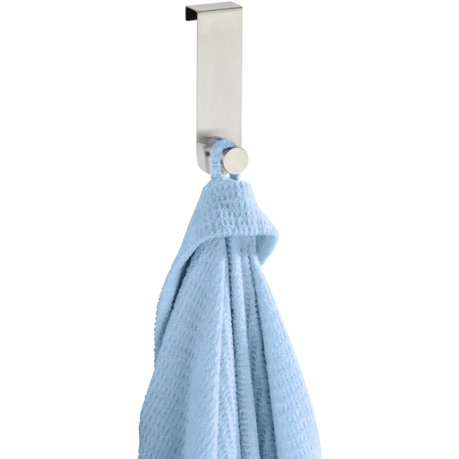 Wenko Türhaken Celano aus Edelstahl mit blauem Handtuch.