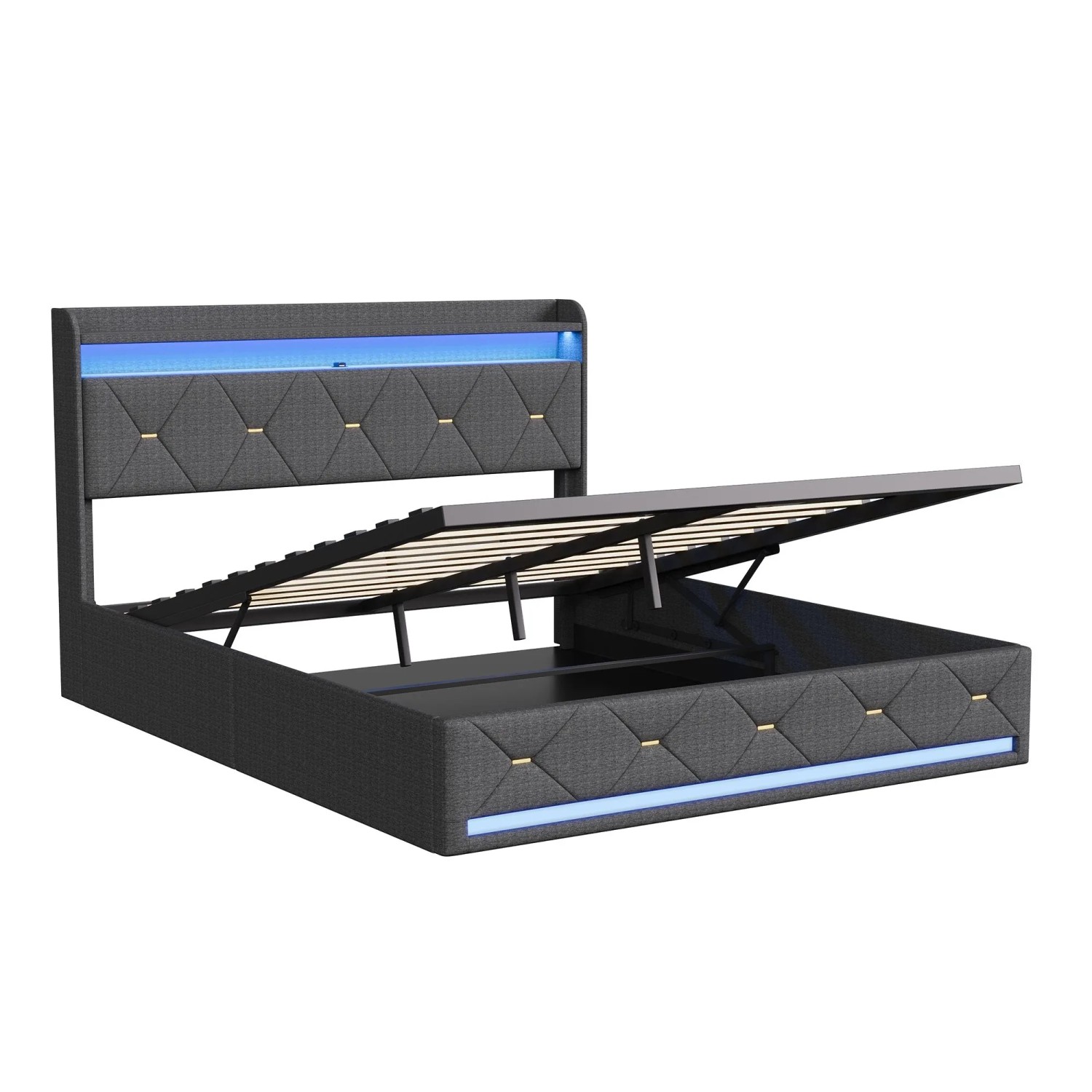 PXloue Polsterbett 160x200 mit Stauraum RGB LED USB Type C Bettkasten Doppelbett Grau