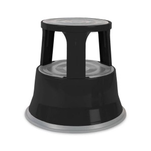 Schwarzer KARAT Rollhocker Elefantenfuß aus Stahl, ideal für Büro und Gewerbe. TÜV-geprüfter Rolltritt bis 150 kg.