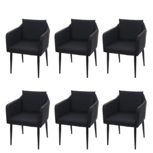 Sechs schwarze MCW Esszimmerstühle aus Kunstleder mit Armlehnen und Metallbeinen. Bequeme Polsterstühle im 6er-Set.