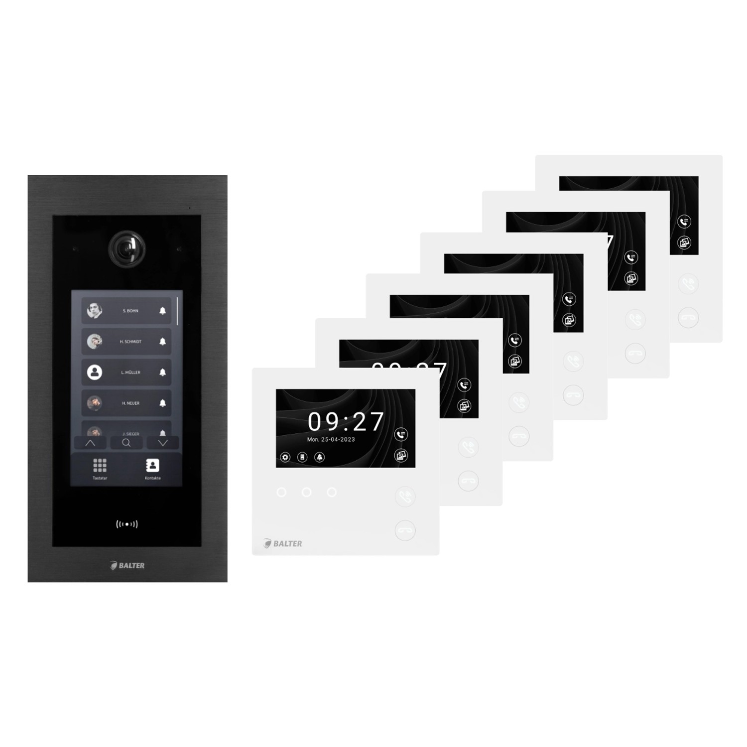 Balter EVO-HD Komplettsystem mit Unterputz-Türstation mit Full-Touch-Display und 6x 4,3 Zoll Mini-HD Monitor Schwarz