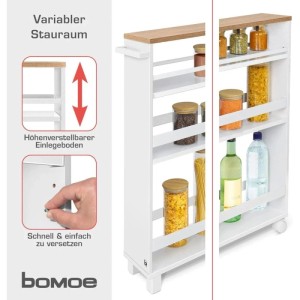 Bomoe Nischenregal Hylla, 15cm breit, weiß/Eiche, mit Rollen und 3 Regalböden, ideal für Büro und Küche.