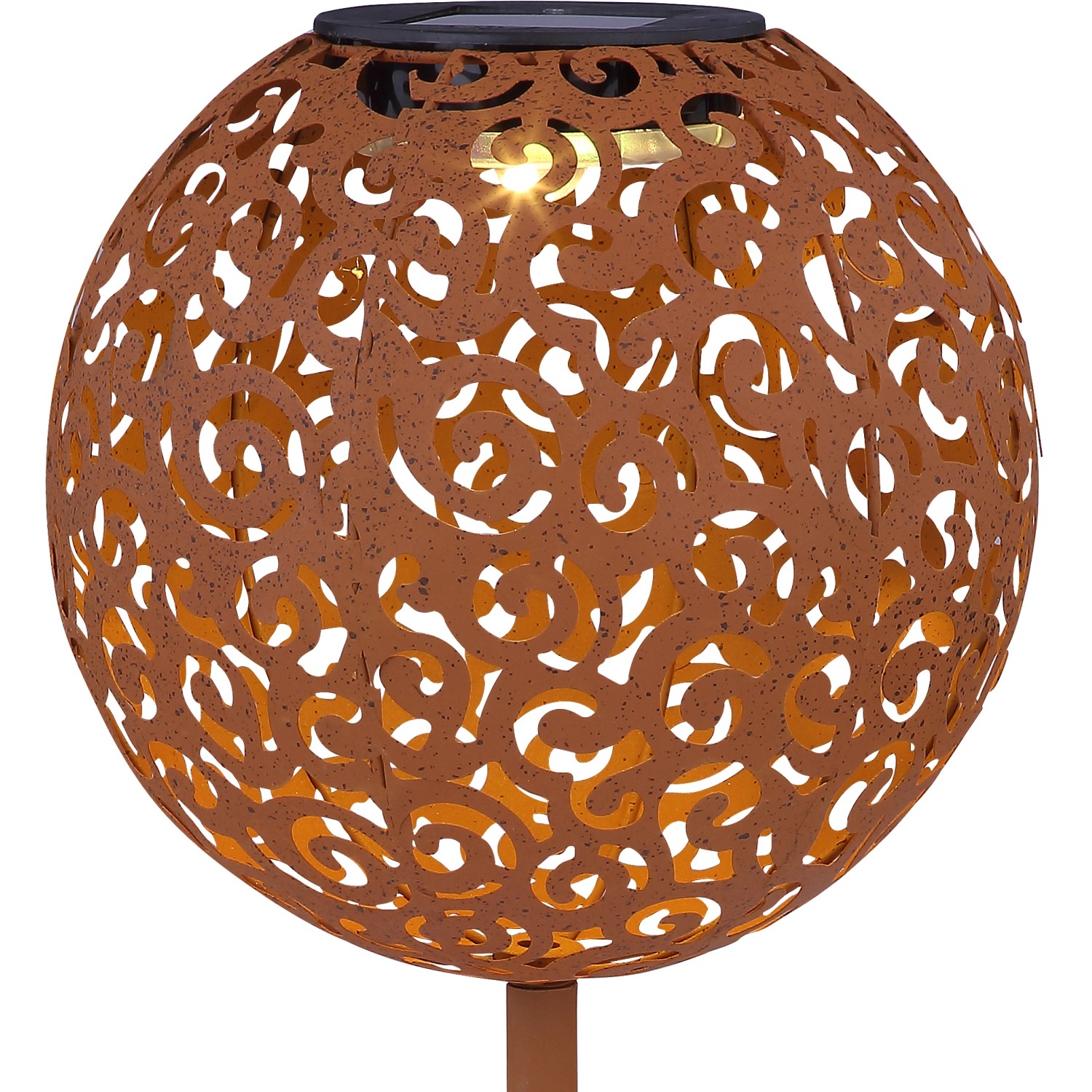 Rostfarbene Globo LED Solar-Kugel mit Dekogeflecht, 54cm, für den Garten.