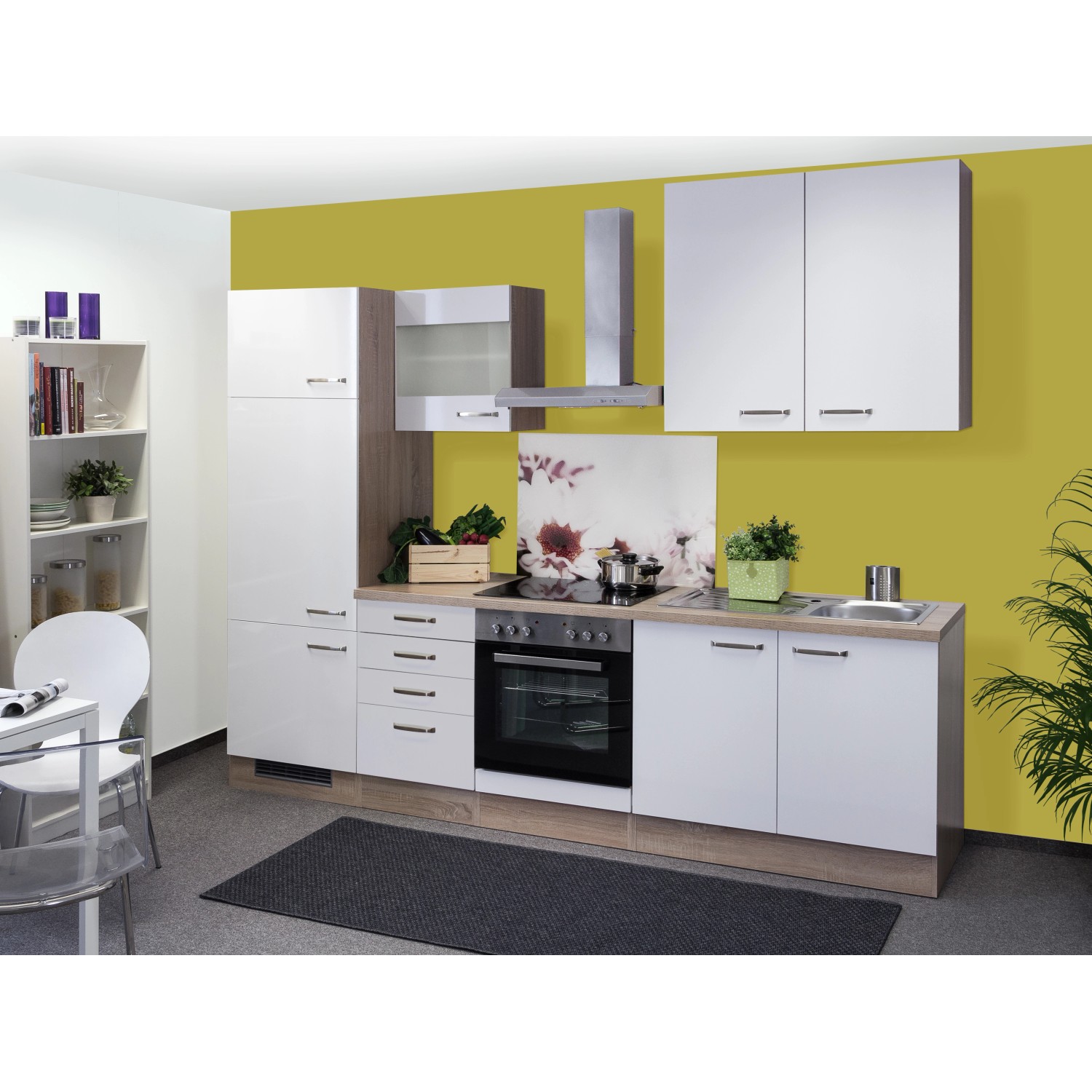 Flex-Well Exclusiv Küchenzeile/Küchenblock Valero 270 cm Hochglanz Weiß-Sonoma Eiche