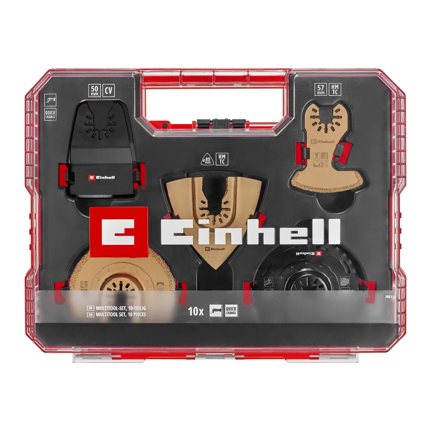 Einhell Multitool-Set XL Plus-Case, 10-teilig, mit verschiedenen Sägeblättern und Raspeln in roter Aufbewahrungsbox.