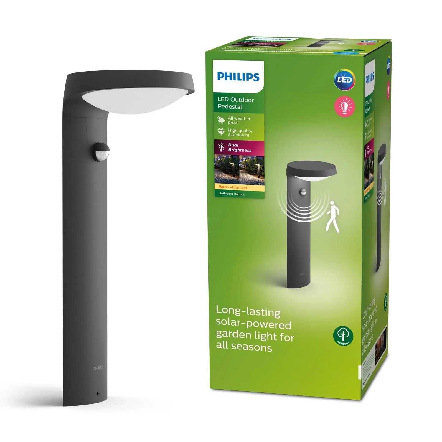 Philips Solar-Sockelleuchte Tyla, anthrazitfarbene Wegeleuchte mit Bewegungssensor, 40 cm hoch.
