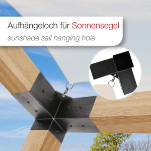 SOTECH Eckverbinder schwarz für 90x90mm Holzpfosten mit Aufhängeloch für Sonnensegel. Stahl verzinkt, pulverbeschichtet.