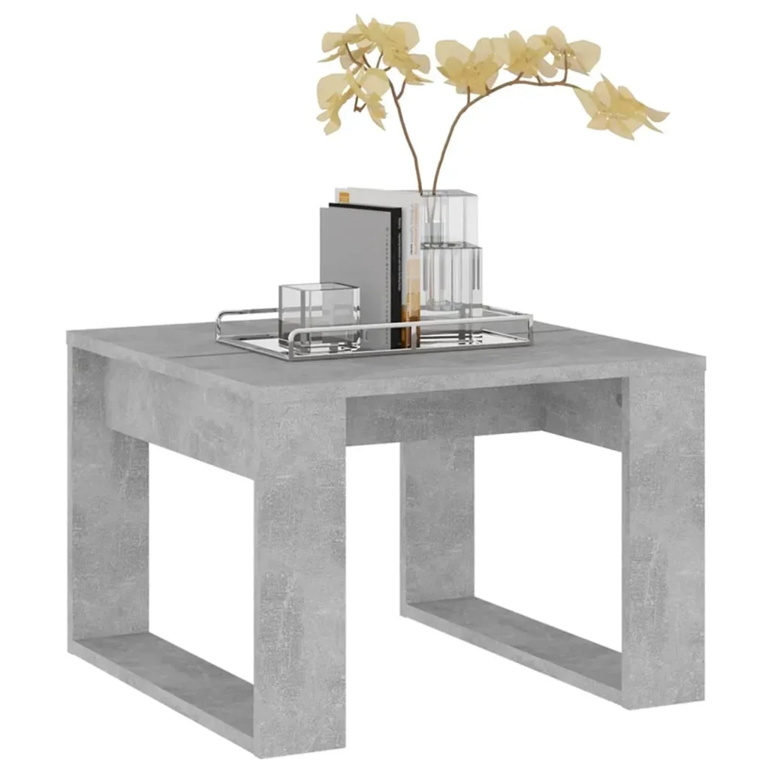 Moderner, betongrauer Beistelltisch (50x50x35 cm) aus Holzwerkstoff. Ideal als Ablagetisch.