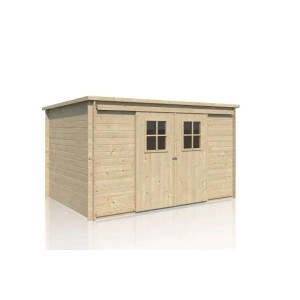 Unbehandeltes Alpholz Gartenhaus Vera mit Flachdach und Doppeltür.