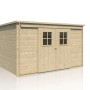 Unbehandeltes Alpholz Gartenhaus Vera mit Flachdach und Doppeltür.