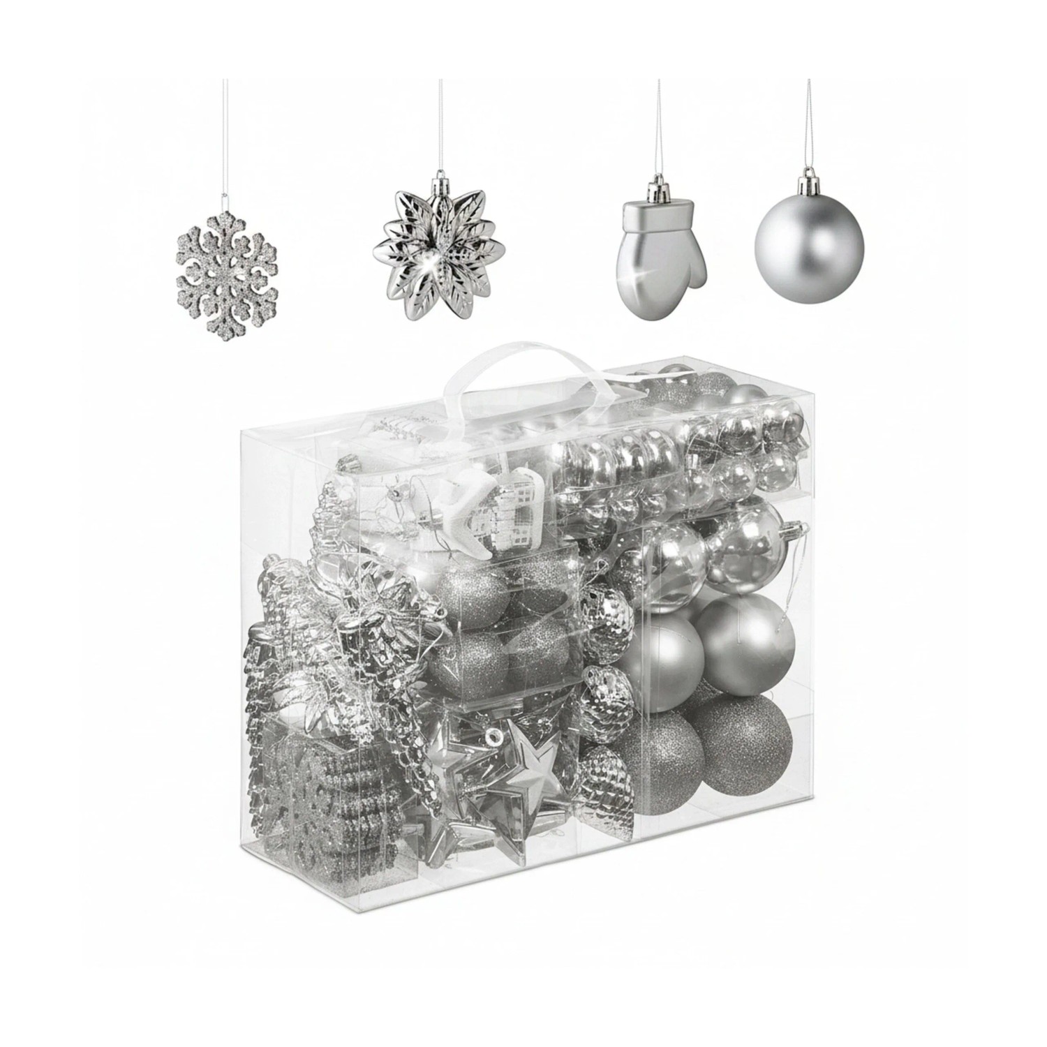 Relaxdays Weihnachtskugeln Polystyrol Silber 100er Set mit Aufbewahrungsbox