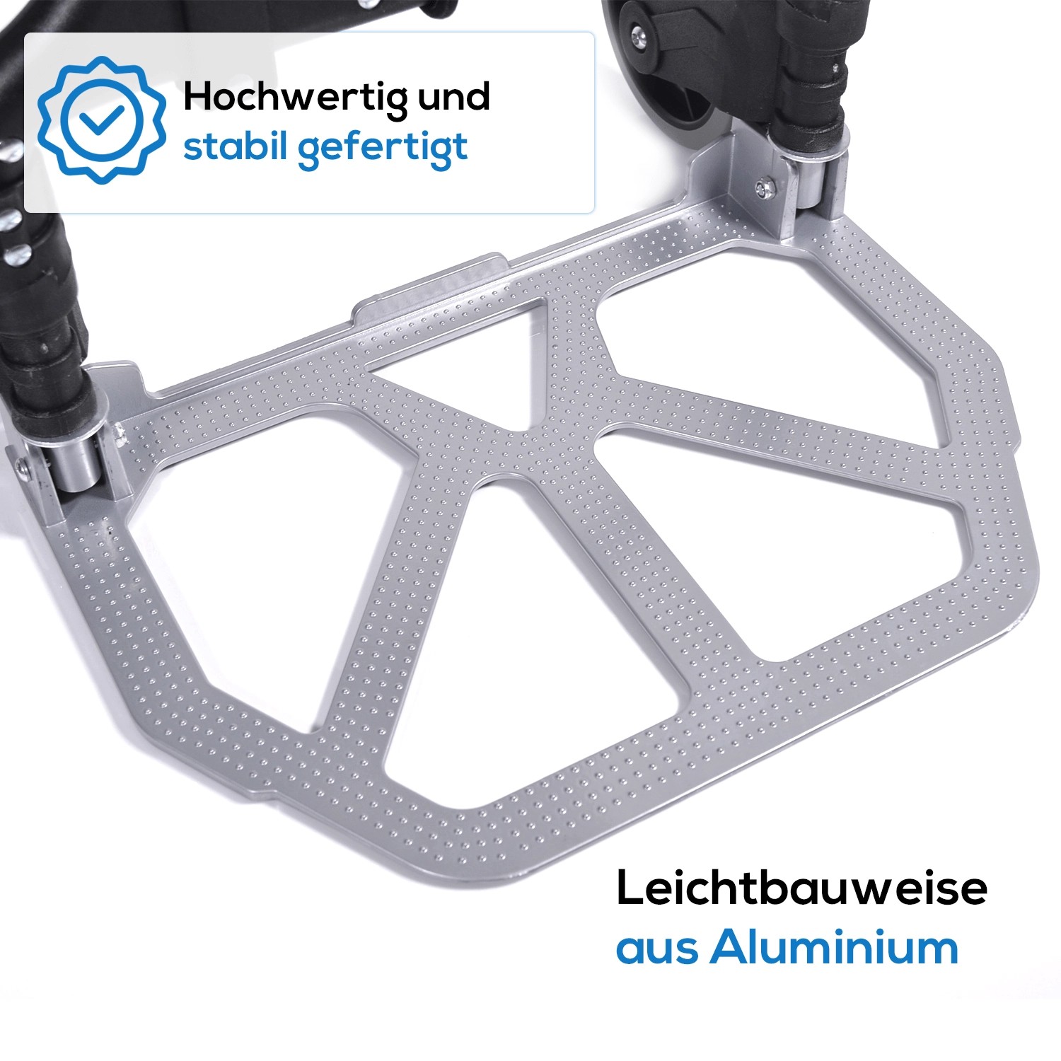 Detailaufnahme der Aluminium-Fußplatte der klappbaren Sackkarre. Leicht und stabil.