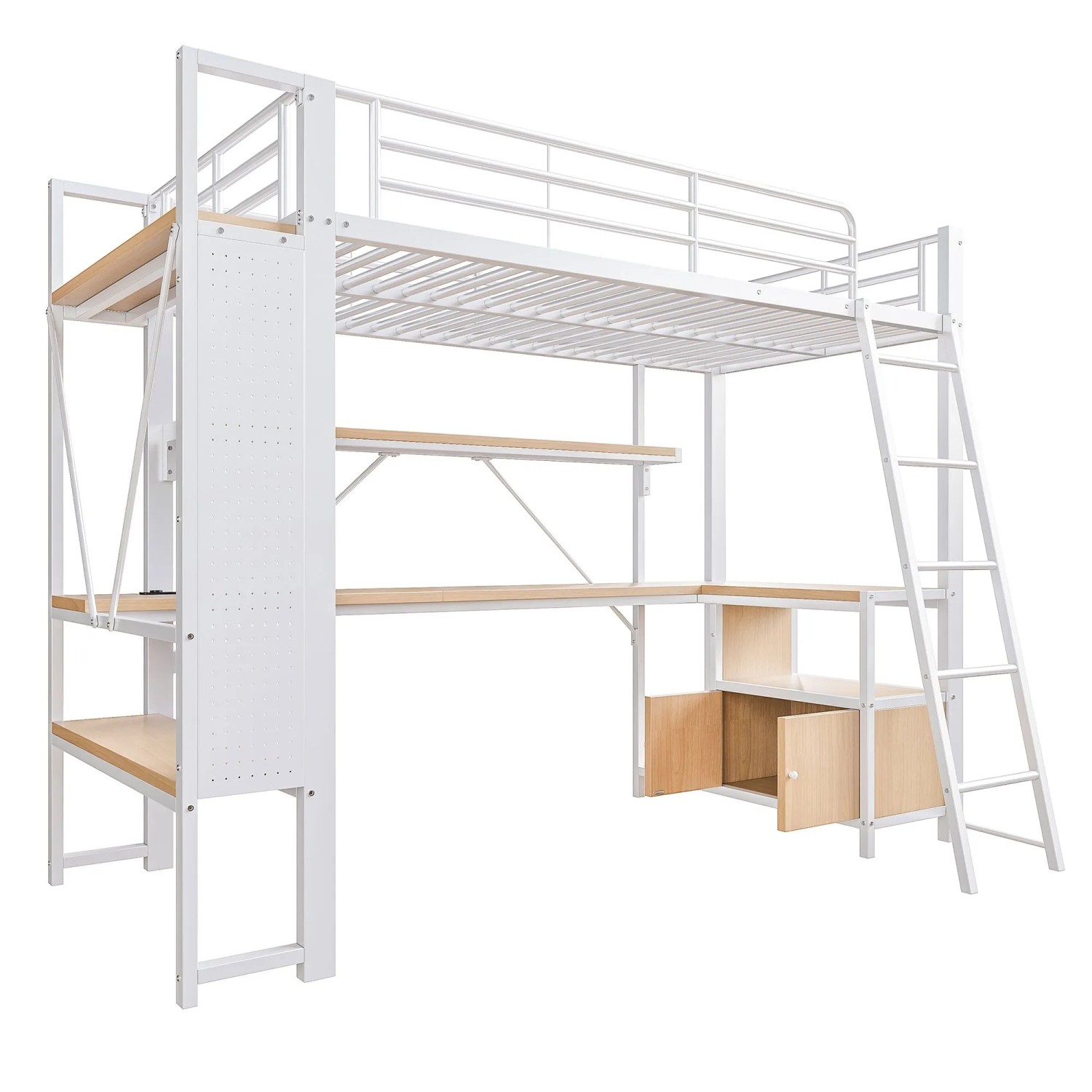 okwish Metall Hochbett 90x200cm mit LED und Lochwand Weiß ohne Matratze