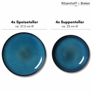 Ritzenhoff & Breker Bali Tafel-Set, 8-teilig: 4 Speise- und 4 Suppenteller in Blau.