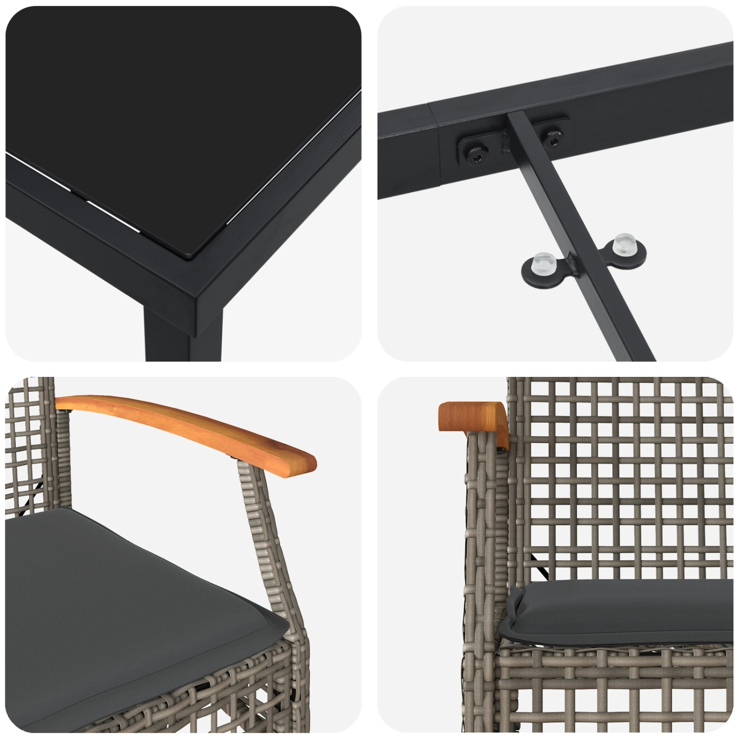 vidaXL Garten Essgruppe, 3-teilig, grau, Poly Rattan, Details von Tischplatte, Stuhlarmlehne und Gestell.