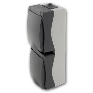 ChiliTec NUQUI Feuchtraum Doppelsteckdose vertikal IP54, hellgrau/grau, Aufputz.