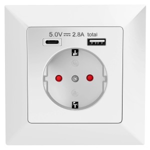 Weiße Unterputz-Steckdose mit Schutzkontakt, USB-A und USB-C Anschluss für Elektroinstallation.