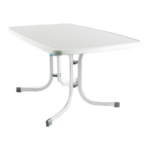 Rechteckiger, weißer Sieger Klapptisch (90x150 cm) mit Edelstahlgestell für den Garten.