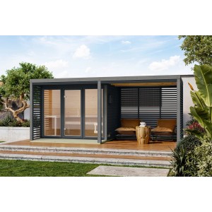 Karibu Anbaudach für Seros Saunahaus in Anthrazit/Graualuminium mit Lamellenwand.