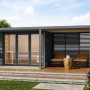 Karibu Anbaudach für Seros Saunahaus in Anthrazit/Graualuminium mit Lamellenwand.