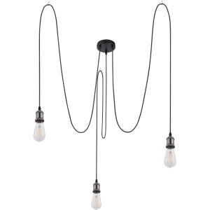 Schwarze Globo Pendelleuchte Oliver mit drei E27 Fassungen und Textilkabeln.