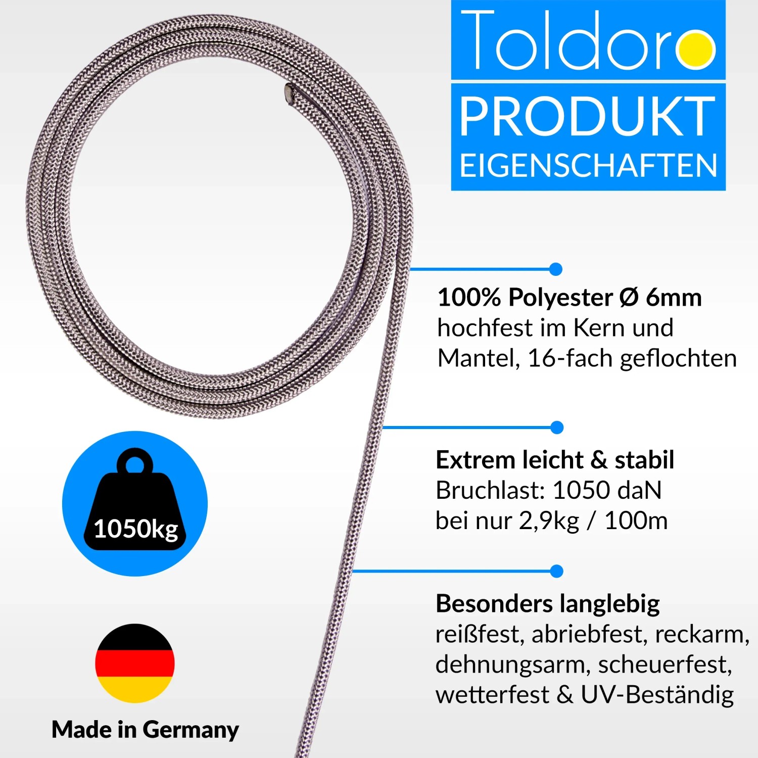 Graues Toldoro Tauwerk, 6mm Durchmesser, 10m Länge mit 4 Seilklemmen. Ideal für Sonnensegel.