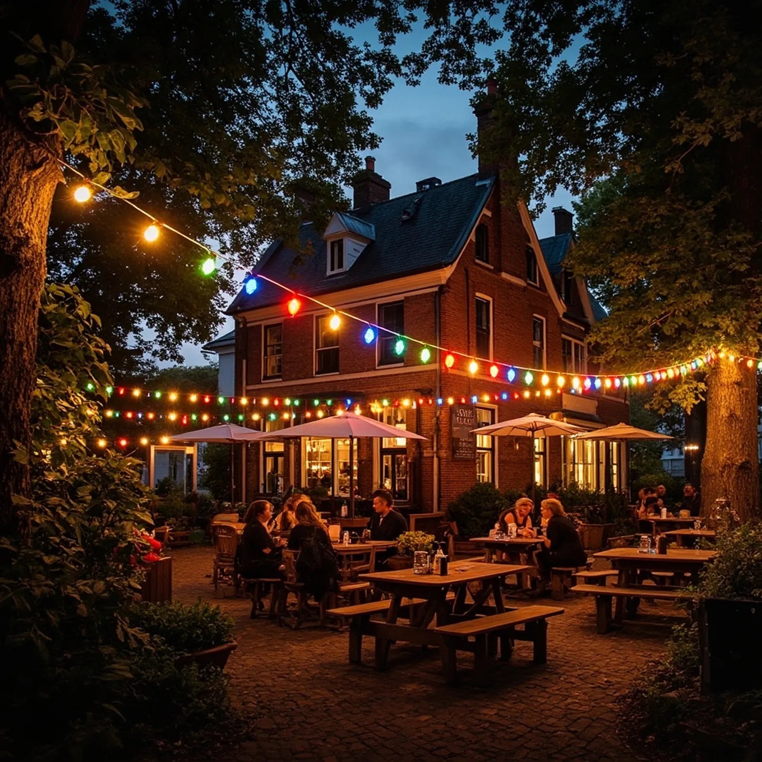 Bunte LED Partylichterkette 20m im Biergarten bei Nacht, beleuchtet Tische und Gäste. Ideal für Außen.