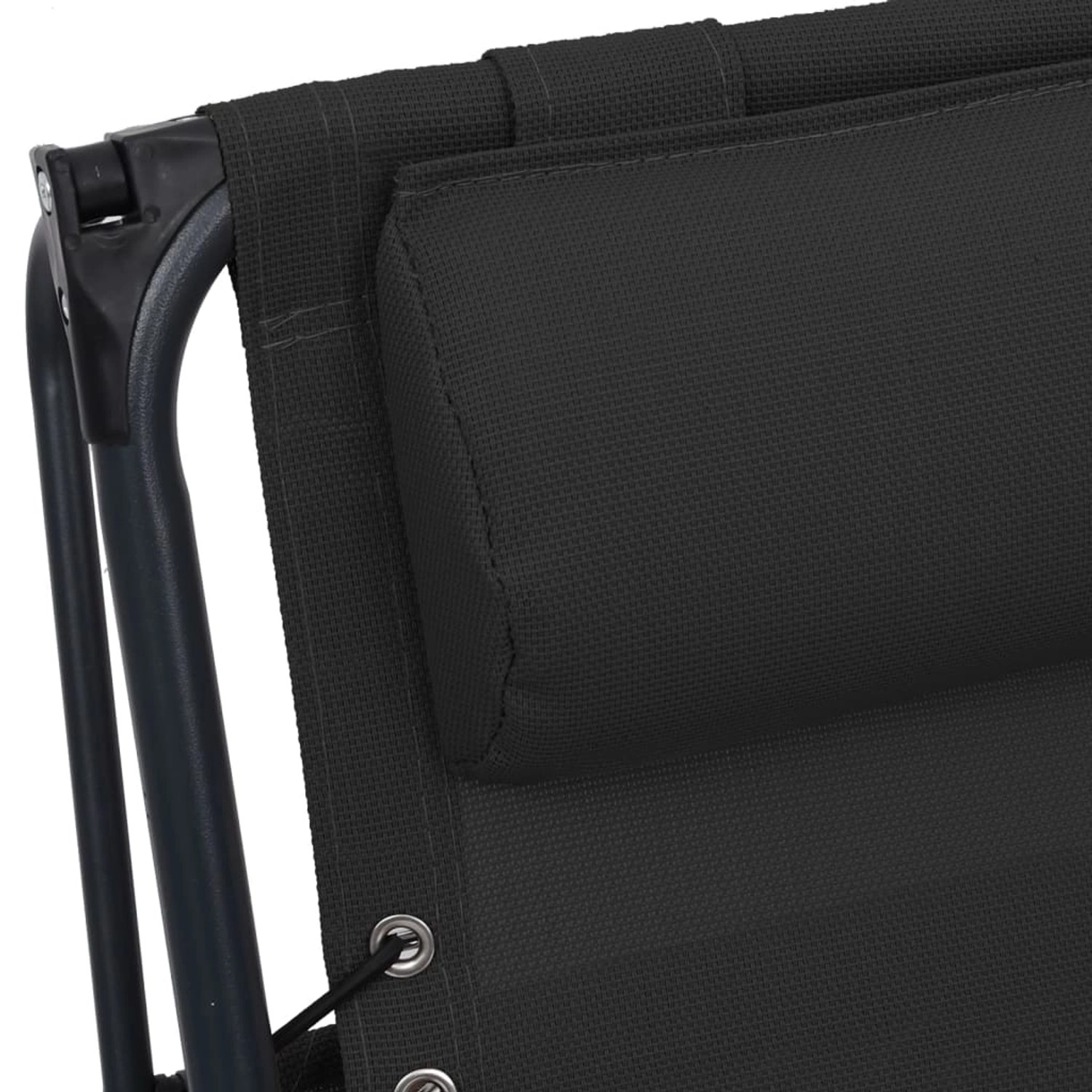 Detailansicht: Schwarzer, klappbarer vidaXL Liegestuhl mit Kopfstütze und Textilene-Bezug.